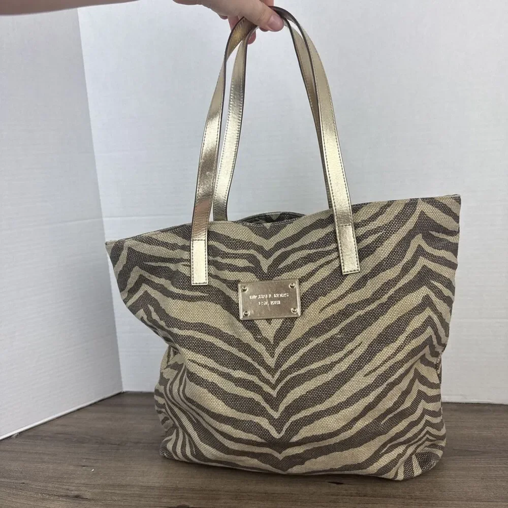 Michael Kors Gold Zebra Print Tote Canvas Bag Purse